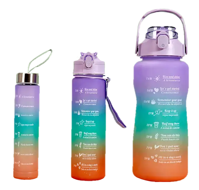 Plastic Water Drinking Bottle with Ombre Design 2000 / 900 / 300ml Set of 3 Assorted Colours 7359 A (Parcel Rate)