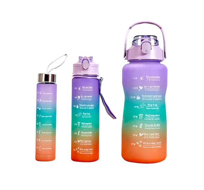 Plastic Water Drinking Bottle with Ombre Design 2000 / 900 / 300ml Set of 3 Assorted Colours 7359 A (Parcel Rate)