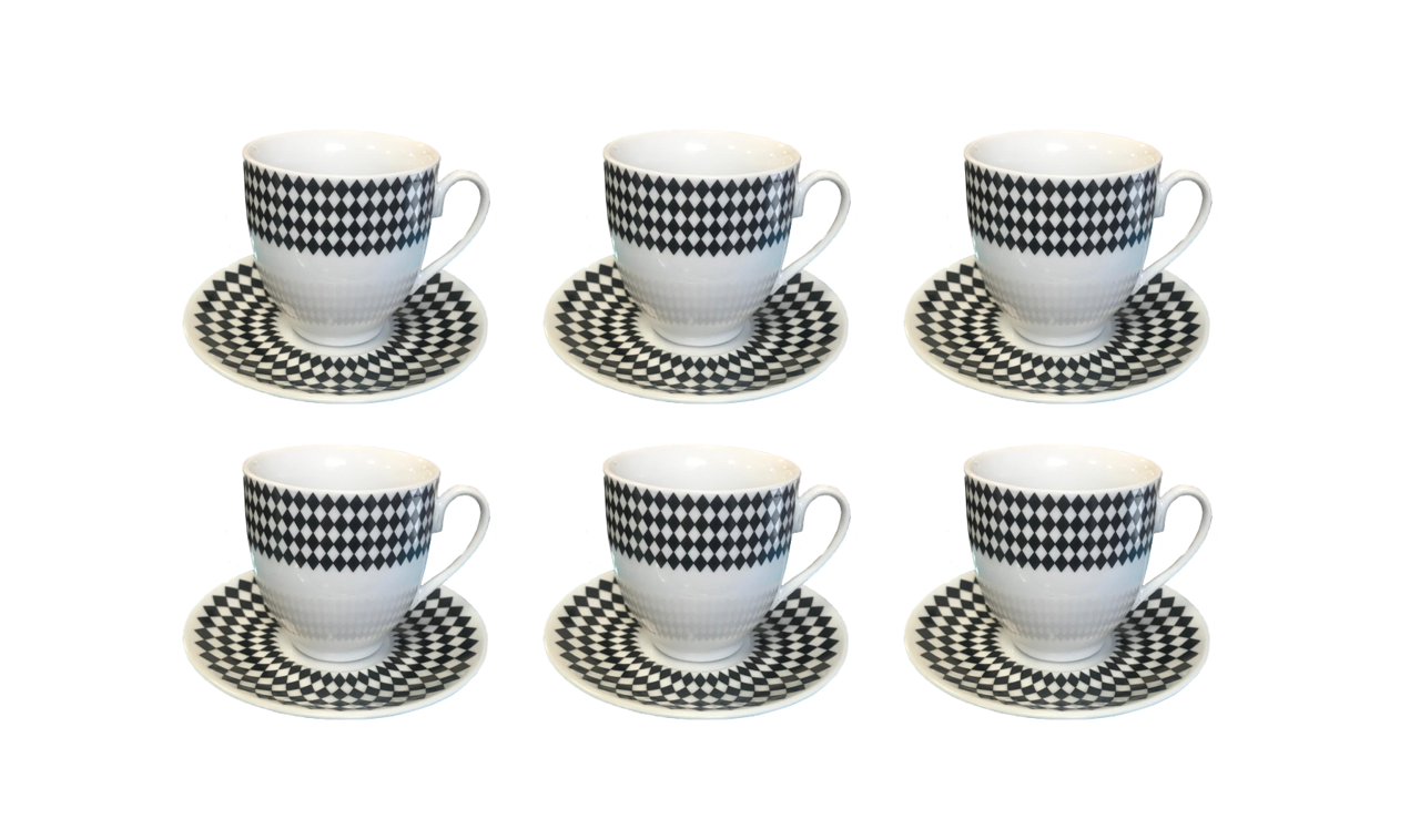 Coffee Tea Cup Mug Set with Saucers Set of 12 Black / White Assorted Designs 7526 (Parcel Plus Rate)