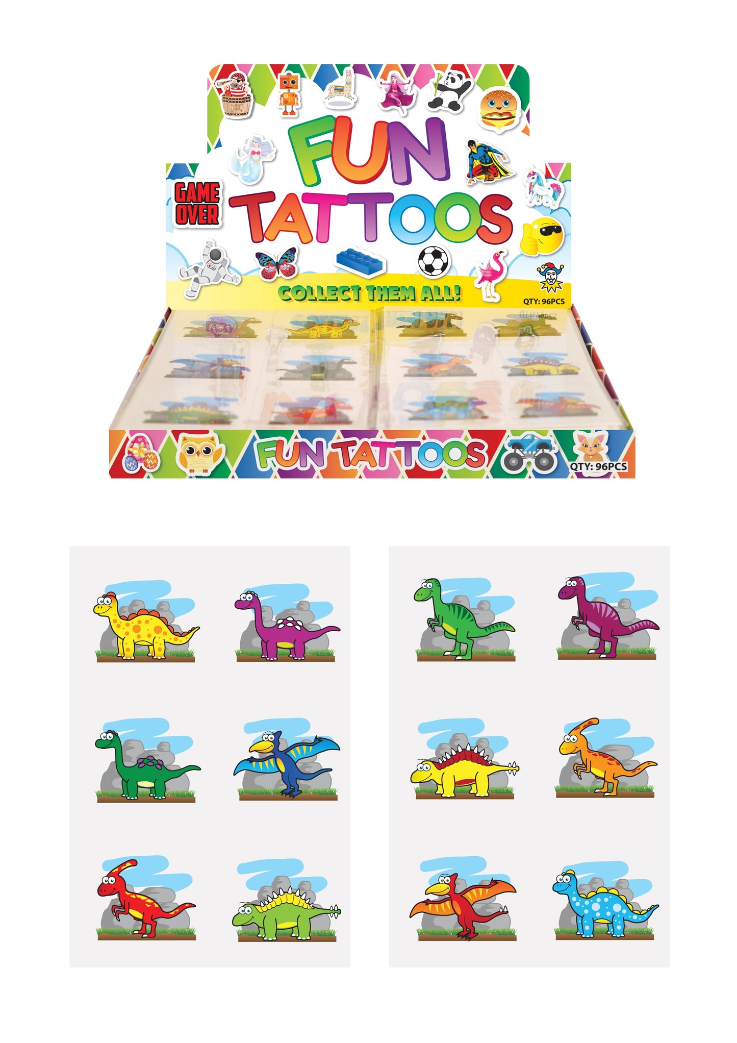 Children's Fun Sticker Tattoos Dinosaur Style (4cm) Assorted Designs N51044 (Parcel Rate)