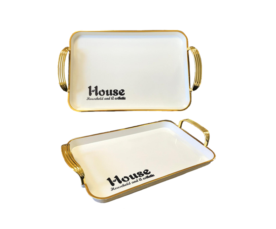 Rectangular Serving Tray with Gold Rim and Handles 38.5 x 28 x 2.5 cm 7644 (Parcel Rate)