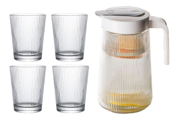 Ribbed Glass Water Jug 1300 ml and Cups Set 5pcs 7115 (Big Parcel Rate)