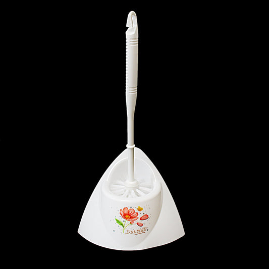 White Plastic Corner Toilet Brush with Stand Floral Print 30 cm 0407 A (Parcel Rate)